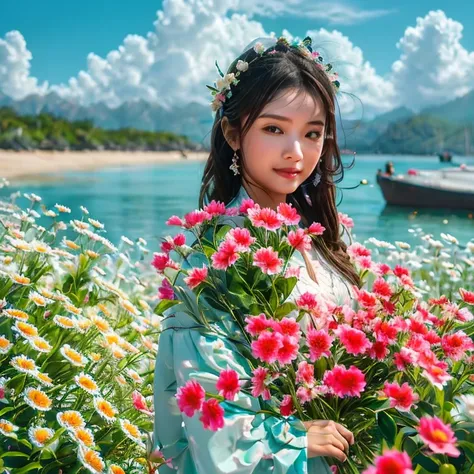 near the sea, , a small flower shop full of flowers., Sunny Day , , next to the shop, , Next to the picture , Next to the picture เหมือน, Beautiful girl,  Holding flowers, Long wavy hair,  little red flowers. On one side 