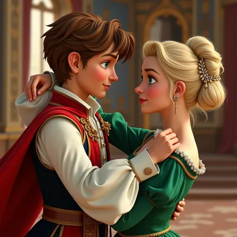  brown-haired boy with green eyes ,  wearing an elegant white and red costume dancing with a blonde woman with blue eyes and hair tied up in a high bun and elegant medieval dress in emerald green, together in a luxurious palace 