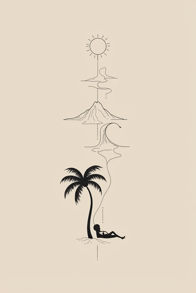  Single stroke tattoo following a single line.  unfilled. First a sun ,  then the line follows on a simple mountain ,  a wave and let the line end in a lying palm tree
