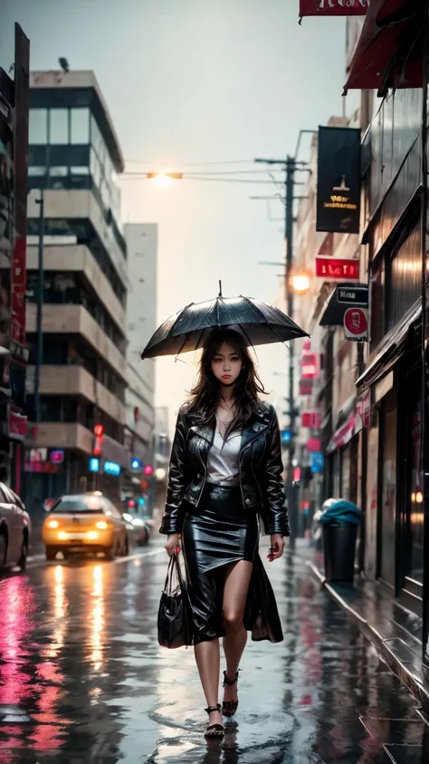 a dark-haired woman ,  skin wearing a black leather jacket ,  walks alone in heavy rain on an empty street at night.  the lighti...