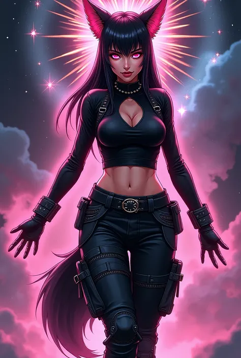 adult woman,  has straight hair at the height of the ribs , in black color com mechas rosas claro.  pink fox ears and tail . pink eyes, tight long sleeve blouse ,  casacodetalhes em fivelas in black color.  Black cargo pants with pockets and straps , ,  mi...