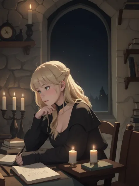   loffie study ,  One blonde girl, from side, Writing,   candles,   candleslight, hand_On_own_Chin, hand_rest, books, paper, stOne wall, I have a black cat on my shoulder, middle ages,   Fantasy  ,   knight ,   window  , 星nullの_null, battlefield, middle ag...