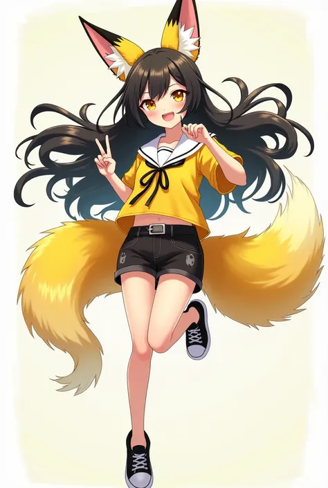  A young adult anime girl ,  black hair with yellow threads,  yellow eyes , fox ears, yellow and white tied shirt , Black short, sneakers,  two yellow fox tails , Jump pose 