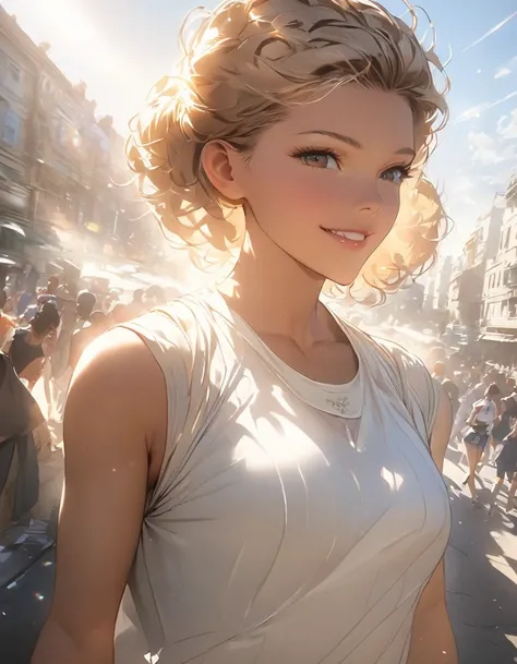 ((Chest, Tomboy, Small head)), sunlight,  Sunshine , ( clear abs : 1.1), (  perfect figure  : 1.1), (Short Wavy Hairstyle: 1.2), [Golden brown hair,  full-body photo ,  Crowded streets ,  wearing a white vest , (( shorts)), ( extremely fine cg 8k wallpaper...