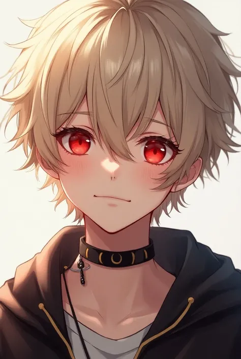 An anime boy whit platinum blonde hair with brown tips and roots, ruby red eyes, freckles and uses a choker, dont forget, he has freckles on his face