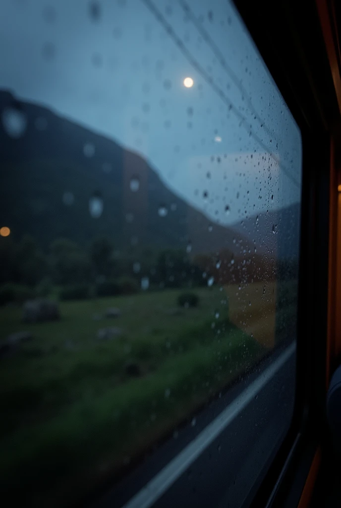  Photo of a cell phone capture but not to see the person but only the window and the outside from an interprovincial bus ,  the nature of the Peruvian highlands with rain at night like 10 at night with a little moonlight so that you can see something