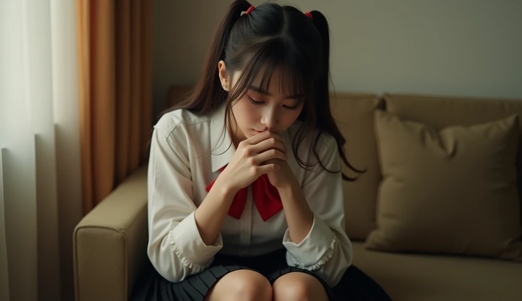  Very realistic photo ，Very real photos，Hyperrealism，8K，Very realistic picture ， A young girl named Ruby ， This girl looks like a movie star Satomi Ishihara，Wearing double ponytails， in a white shirt ，Big breasts，Red bowtie， black pleated skirt ，She sat on...