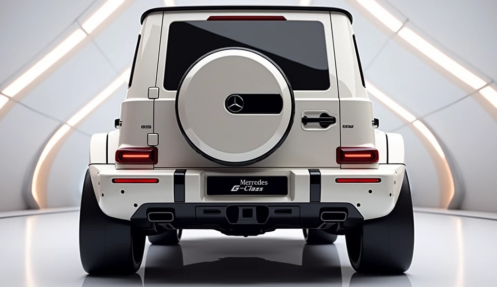 rear view of painted white with shiny clour 2025 Mercedes G-Class sleek in large shape sedan in large size with Mercedes G-Class logo on its large detailed grille in shiny black clour with angular sporty design captured from close rear view with modified s...