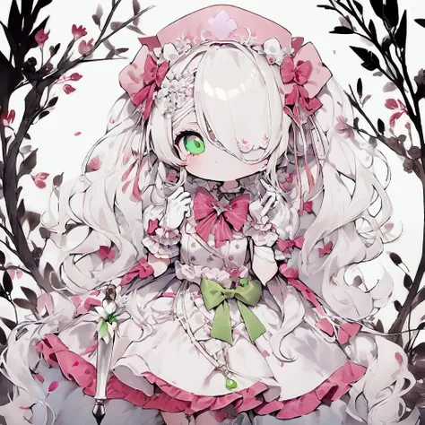  best quality ，masterpiece，[( white background:1.5)::5], Medium shot， cute anime girl ，Nurse，Gorgeous skirt，Gloves，green curls，Exquisite dress，Bow，Ruffles，Ribbon，bandage， Huge Syringe，pill，Red Cross， Unilateral Eye Mask ，love decoration，Subculture， morbid ...