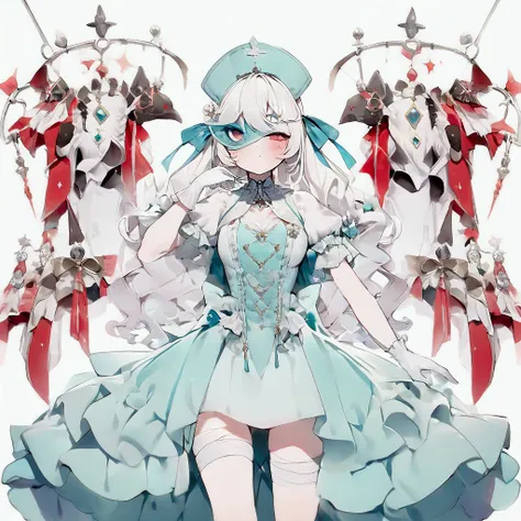  best quality ，masterpiece，[( white background:1.5)::5], Medium shot， cute anime girl ，Nurse，Gorgeous skirt，Gloves，green curls，Exquisite dress，Bow，Ruffles，Ribbon，bandage， Huge Syringe，pill，Red Cross， Unilateral Eye Mask ，love decoration，Subculture， morbid ...