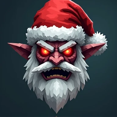 Generates a Minecraft-style demonic Santa Claus head, with a cubic and pixelated design, looking straight ahead. It includes features such as a worn red hat with torn edges, a scruffy white beard, glowing, malevolent eyes, dark or pale skin for a sinister ...