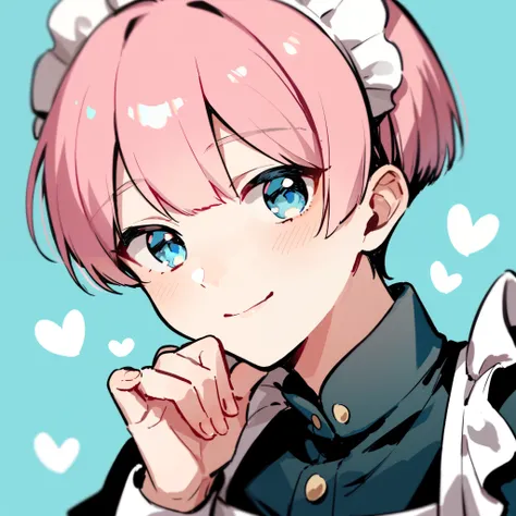 femboy, bowl cut, short hair, soft pink hair, blue eyes, smiling, cute background, wearing maid dress 