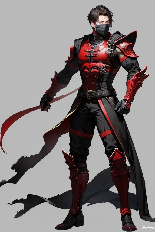 Mortal Kombat character,  mortal kombat mask,  black  and red, short hair  ,full-body images,  guardian,  full  uniform,  male 