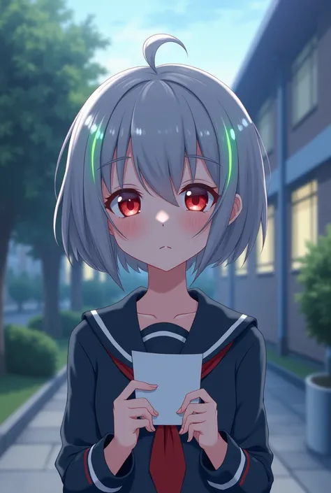  charming anime-style junior high school student with short gray hair 　White Hair　 short bob　Red eyes　Small eyes　uniform　Only part of the forelock is fluorescent green Part of the bangs is fluorescent green 
Behind the gym after school　Confessed to　Love Le...