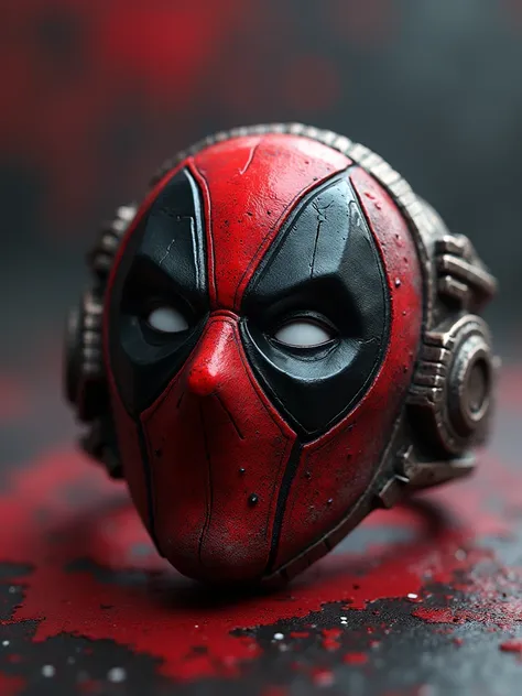 A playful yet striking metallic ring featuring Deadpool’s red and black mask emblem at its center. The ring glows faintly with a crimson light, with subtle scratches and battle-worn textures on its surface. The background is chaotic yet humorous, with fain...