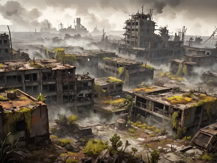 The wasteland ， Corroded Structures and Ruins Form Complex Terrain， Through the Fires of War and Industrial Catastrophe ，Poison Fog and Pollution ， Radiation Residues Flickering Glow ， Strange Plants and Abnormal Organisms 