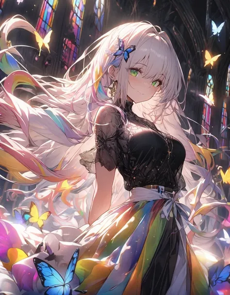 1 Girl, masterpiece,  extremely detailed, (( movie lights from the waist)), (Luminescence), (( Dramatic Lighting )), ((美丽的细节Luminescence)),  Intricate Details,  lens flare ,  Colorful hair, rainbow hair , Long hair, multicolored dress, Butterfly发饰, Butterf...