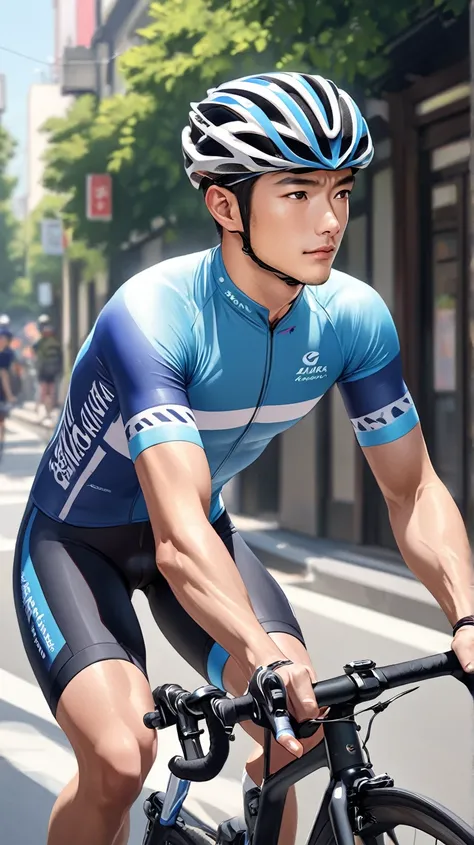 (photorealism:1.2), Handsome japanese man, 25-30 year-old, riding cycling bike, with cycling bike outfit,