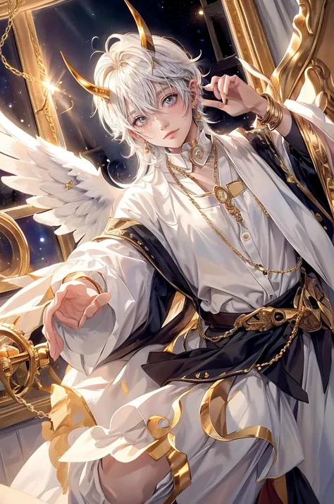 ((4K works))、​masterpiece、(top-quality)、1 , (lettle boy), cute, kawaii, bright white hair, white hair, bright eyes, smiling face, small horns protruding from the forehead, black horns, unisex Arab costume with jewelry, with white and gold anklets and brace...