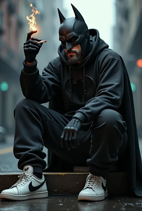  Batman wearing black hoodies, hip hop style pants ,  with white skate sneakers , In.uma mao fumandThe cigarette , he is sitting, In uma mao ele segura.The cigarette , ele tIn. key beard, Style 3D, ultra realistic, Mythology