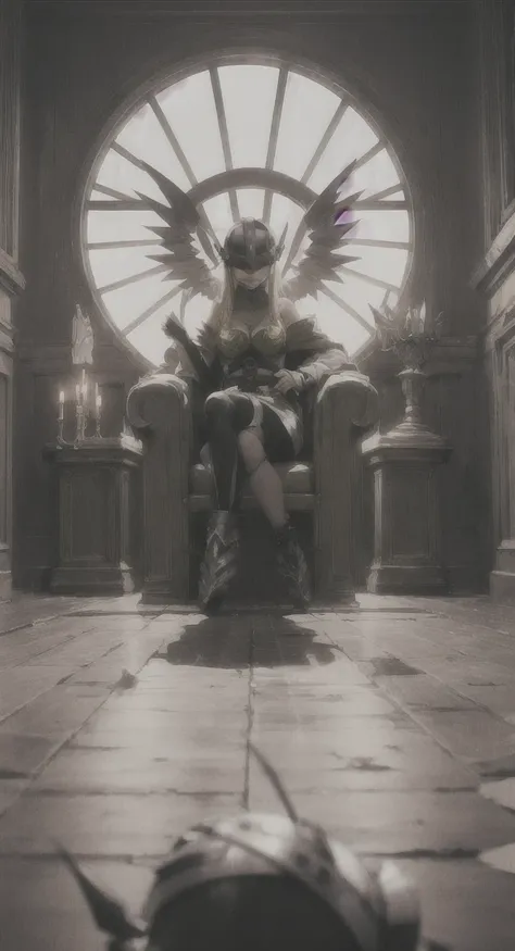 Ancient castle , Helmet, covered eyes,wings, halo, long blonde hair, evil angel, model, looking at viewer, POV, throne,  throne room,