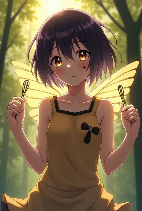  A girl with amber eyes ,  two dots placed together on the cheek ,  and one on the other cheek in the shape of a star ,  dark purple short hair ,  has bee wings ,  short skirt made of light fabric , battle top .  A stinger appears under each hand in the wo...