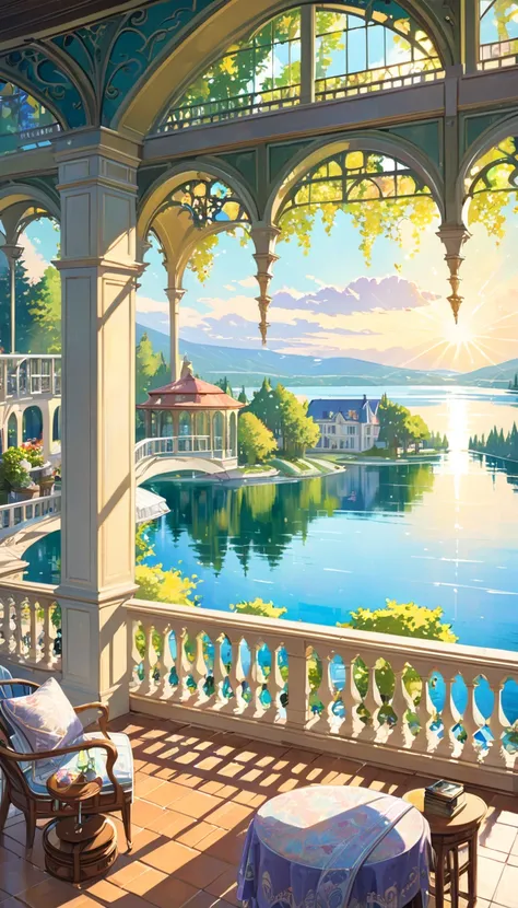 Large bookstores， Lots of details ,  Large open terrace ， View of the beautiful lake and dream house the scenery, On the terrace ，Cat Relax ( Art inspired by Bill Sienkiewicz ). painting)
