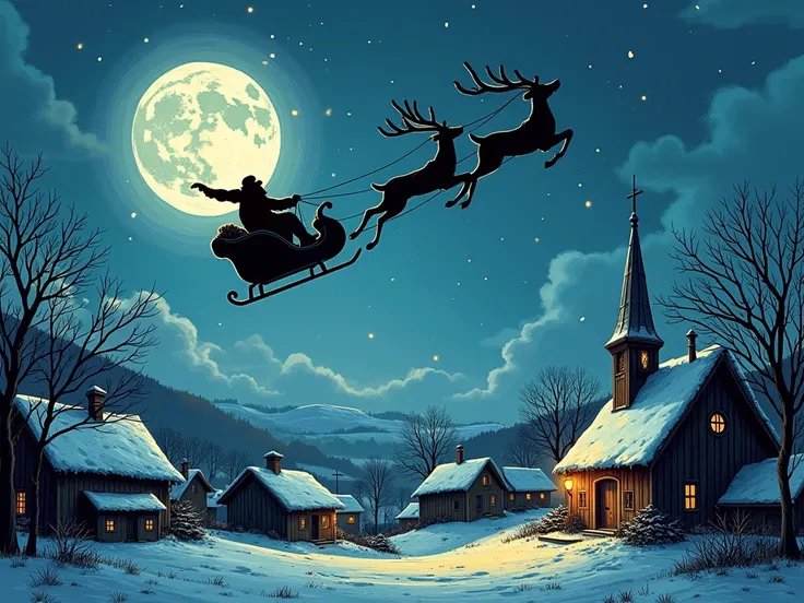 Silhouette of Santa flying over a village with his sleigh, Drawing style 