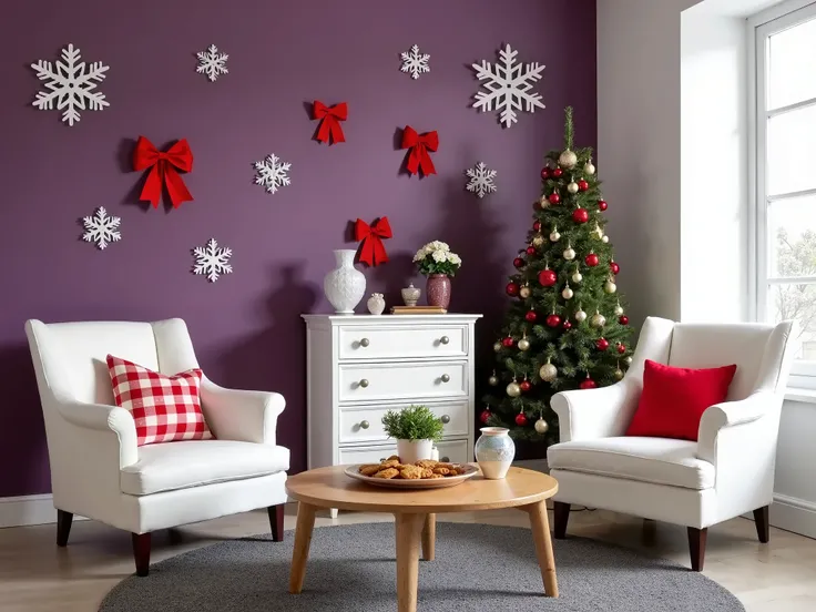 The image shows a luxury living room decorated for Christmas. The room has a purple wall with white snowflakes and red bows hanging on it. On the left side of the wall, there is a white sofa with red and white checkered pillows. Next to the sofa, there are...