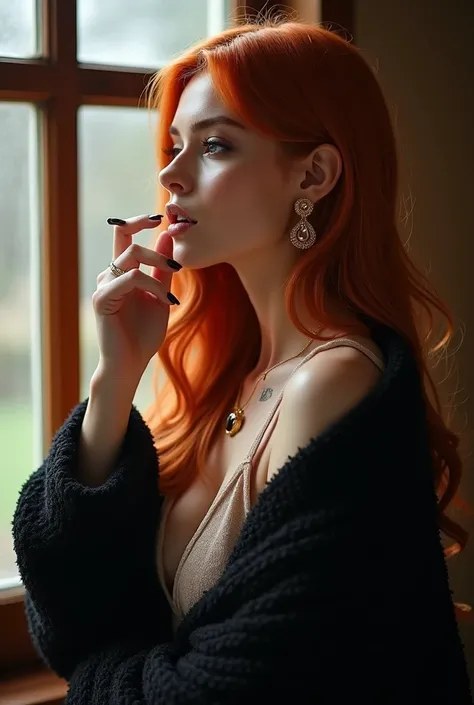  imagine Emeraudetoubia smoking  , long copper blonde hair  ,  pale skin with highlighter   , blue eyes  , few spots  , brown nails  ,  covered with a black boucle fabric blanket , Golden accessories ,  in front of an interior window of a brown house   ,  ...