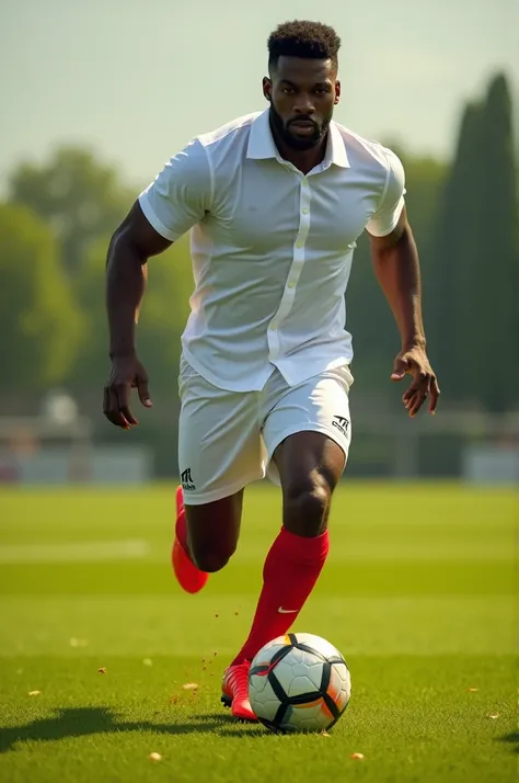 A black man in a white shirt and red shoes, playing soccer