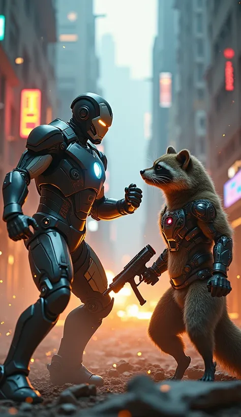 "Create a highly detailed scene featuring a tense face-off between two beings inspired by the essence of Iron Man and a raccoon-like creature. The first figure is a humanoid warrior clad in sleek, high-tech armor with glowing energy cores, eyes alight with...