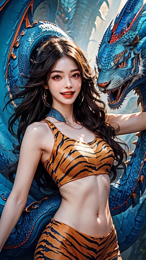 (( best quality , 【8k, masterpiece: 1.3)), ((1girl:1.5)),  slim belly beauty: 1.3, casual hairstyle, (blue dragon group: 1.5),  ...