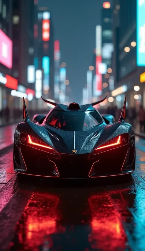 A front-side view of the Lamborghini-bull fusion car, highlighting the aggressive grille shaped like a bull’s face, glowing headlights, and sharp aerodynamic lines. The horn-inspired accents on the hood stand out under the reflections of neon city lights, ...