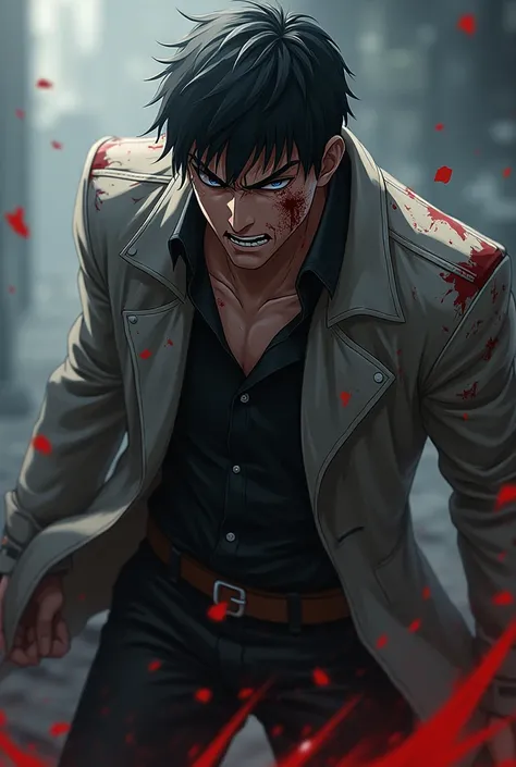 Anime adult male long grey and black jacket, short black hair, angry and bloody