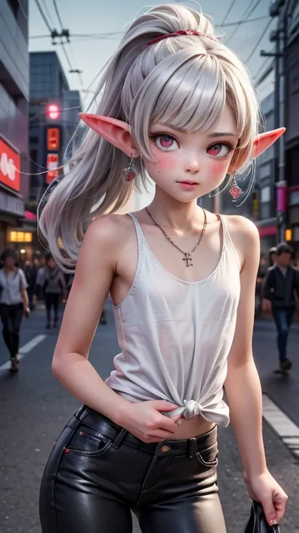 Create a photorealistic picture of Lady Rev on a busy street in Shinjuku, Japan at night.

 1. Lady Rev’s Unique Appearance: Snow-pale, almost translucent skin with a realistic, ethereal quality, platinum silver hair in a loosely tied ponytail with feather...