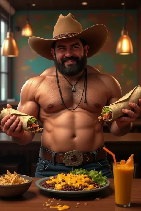 A stuffed, athletic man with little belly Texan-Mexican cowboy style who is eating a burrito with one hand and with the other arm he holds a tray of nachos prepared with yellow cheese and also has a bowl of salad with rice and black beans with meat and in ...