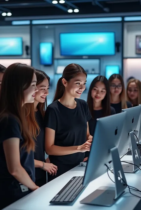 
"An ultra-realistic scene inside a modern store: a group of women excitedly gathered around a computer display, their expressions full of interest and delight. At the center, a smiling woman wearing a black T-shirt confidently demonstrates the features of...