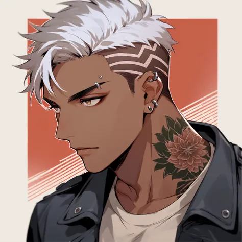 male, brown skin, tattooed, military cut white hair, brown eyes, piercings, mysterious background 