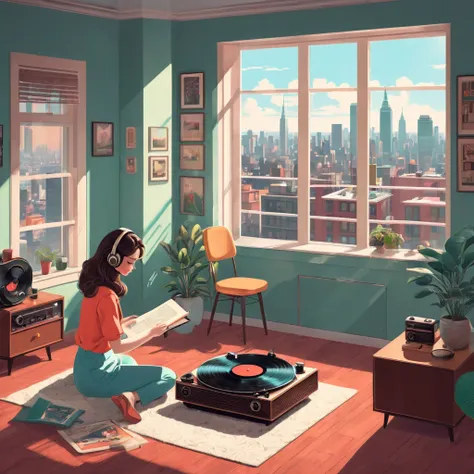 Inside the room, Retro Illustration of a record player in a room with a city view, LoFi illustration of a girl studying, Emotional illustrations that can be used in low-fi videos, Vinyl Recorder Lo-fi Retro Animation