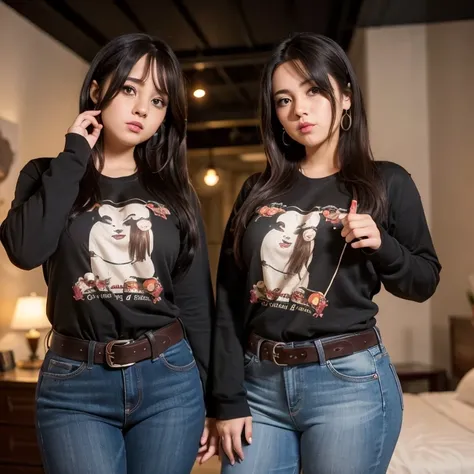 dark vintage film style, two super cute chubby Mexican nerdy emo teen sisters, short brown hair, beautiful detailed brown eyes, cutely detailed lips, cute highly detailed eyes and face, round shape face, wide curvy pearshaped hips, long sleeve v neck t-shi...