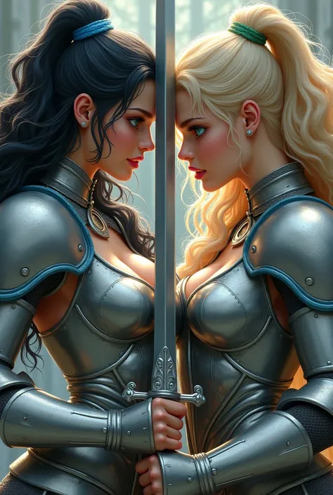  Two beautiful identical twin warriors ,  in battle clashing their swords ,  one with silver armor with blue edges,  one with long hair , Looking face to face ,  blue eyes ,  black hair,  High resolution,  wavy hair ,  Large breasts ,   Raised eyebrows ,  ...