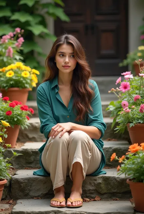 Vibrant outdoor portrait of a young woman sitting on stone steps surrounded by lush greenery and potted plants. She has long, wavy brown hair and fair skin, with a thoughtful expression on her face. She is wearing a teal blouse with rolled-up sleeves and a...