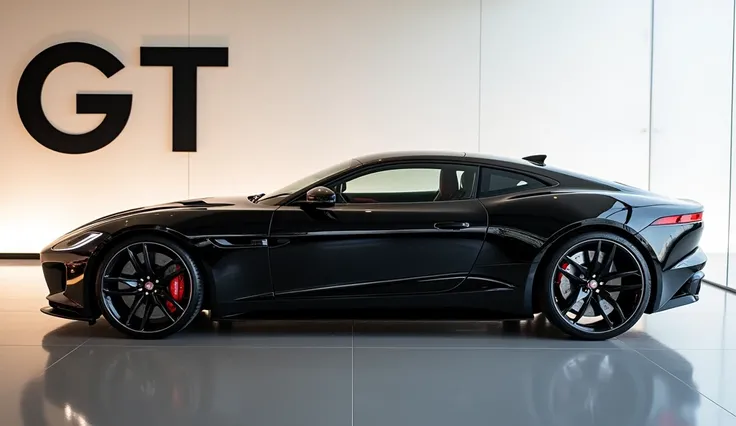 "A black 2025 Jaguar GT showcased from a side angle in a high-end luxury showroom. The sleek, elongated bodylines, sporty coupe stance, and aerodynamic silhouette are highlighted by soft, directional lighting. The polished alloy wheels reflect the showroom...