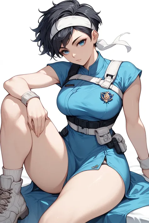  1woman, blue eyes, short black pixie style hair, white headband,Black hair,Anime style,Blue dress  , sitting ,curvy body,zoom on the face,Combat clothing,