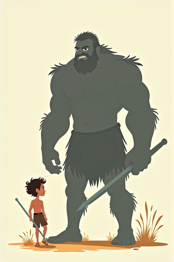 Create art with the biblical characters David and Goliath ,  The two characters mentioned must be in a very simple cartoon, In which Goliath must be scared ,  David must have a shadow bigger than Goliaths size 