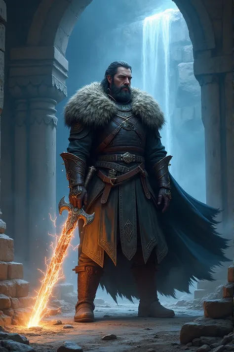  A warrior similar to the character Jon Snow,  style with a sword with lightning sparks . Dungeons  & dragons.