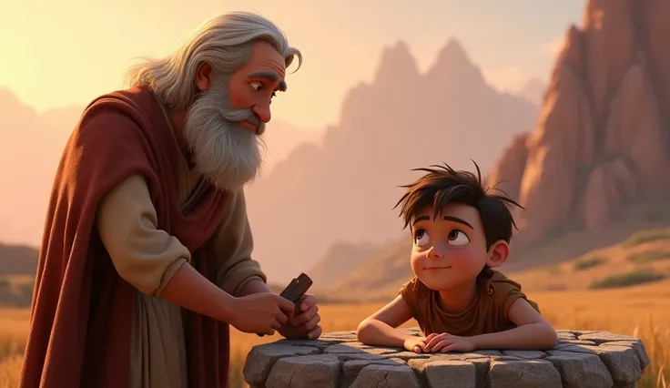 “Create a Disney Pixar-style scene that depicts Abraham, an elderly man with a gentle expression and a white beard, holding a dagger in a dramatic act, while Isaac, a young man with big eyes and brown hair, is lying on an altar of stones. Both must have de...