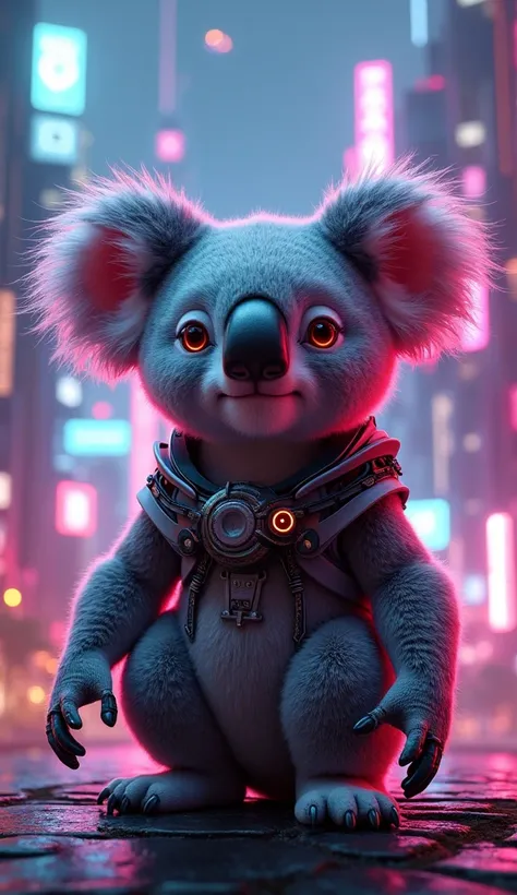 sunlight koala, cyberpunk, cute, 1koala, detailed koala face, adorable koala expression, futuristic cyberpunk city background, neon lights, sci-fi elements, glowing eyes, intricate mechanical details, dynamic pose, (best quality,8k,ultra-detailed,realistic...