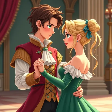 anime style brown-haired boy with green eyes,  wearing an elegant white and red costume dancing with a blonde woman with blue eyes and hair tied up in a high bun and elegant medieval dress in emerald green, together in a luxurious palace 